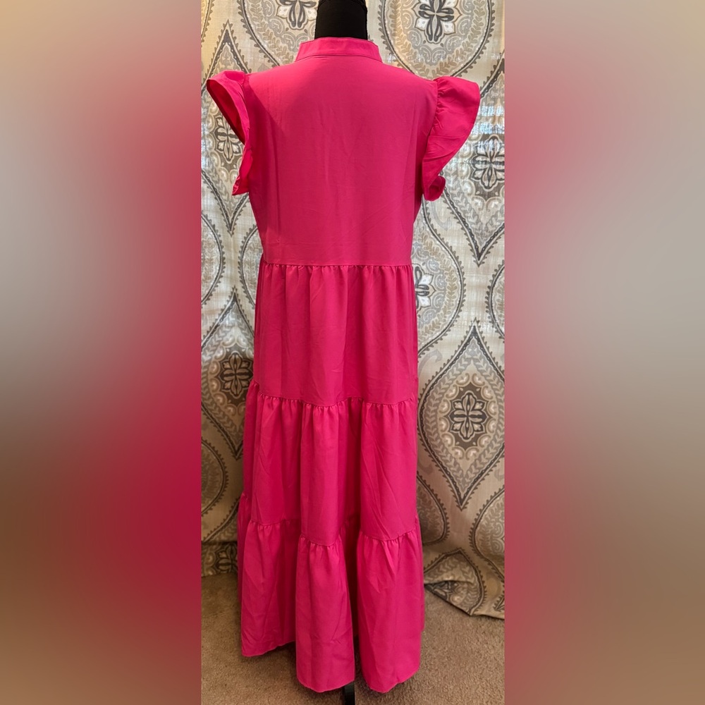 Hot Pink Tiered Maxi Dress Ruffle Sleeve V-Neck Size Medium - Picture 7 of 9